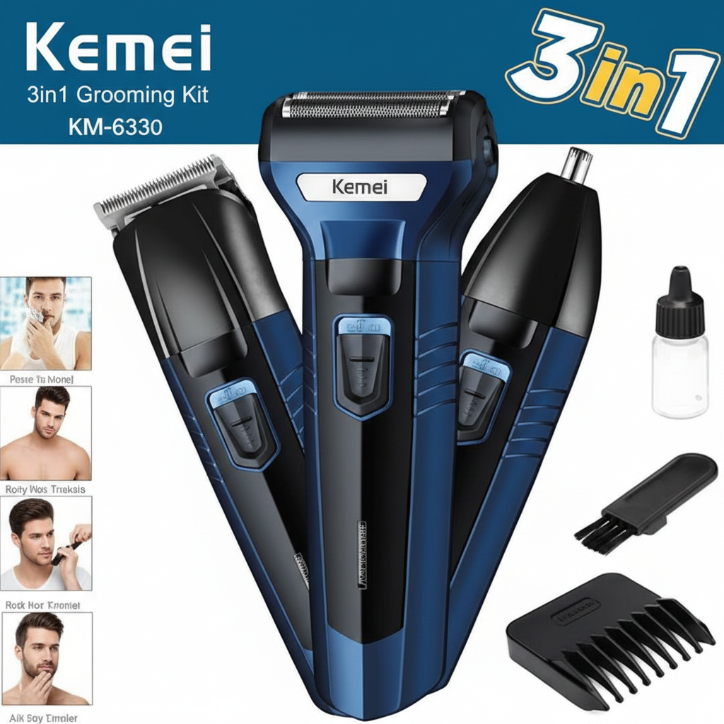 Kemei 3-in-1 Grooming Kit KM-6330 – Rechargeable Hair Clipper, Shaver & Nose Trimmer