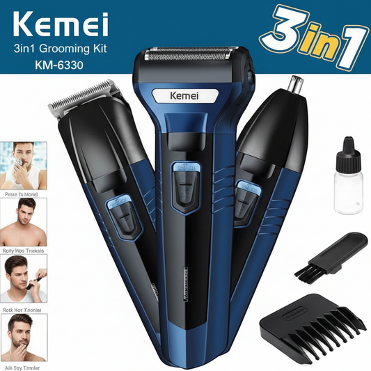 Kemei 3-in-1 Grooming Kit KM-6330 – Rechargeable Hair Clipper, Shaver & Nose Trimmer